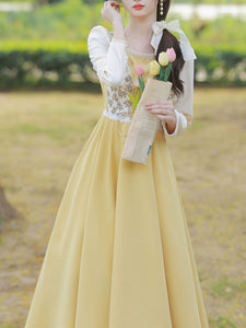 Yellow Square Neck Lace Floral Print 1950S Vintage Dress