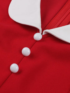 Red Flower V Collar 1950S Vintage Dress With Button