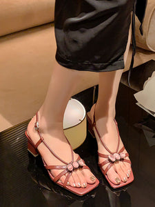 Women's Low Heel Sandals Square Toe Rose Leather Vintage Shoes