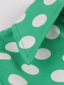 Green Elegant High Waist V Neck Short Sleeve Dots Vintage Dress