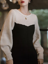 Load image into Gallery viewer, Black and White Split Long Sleeve Retro Knit Sweater Dress