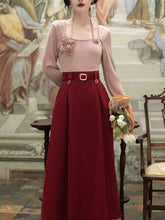 Load image into Gallery viewer, 2PS Pink Flower Sweater And Red Pleats Swing Skirt Suit