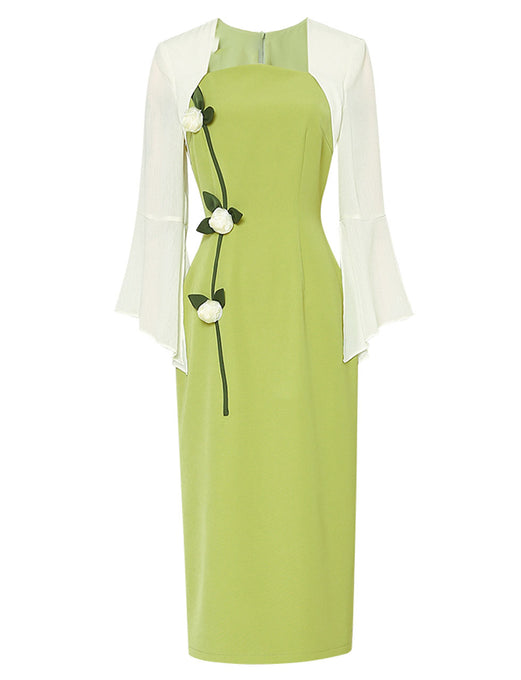 Green Square Collar Cape Sleeve Flower 1940S Vintage Dress