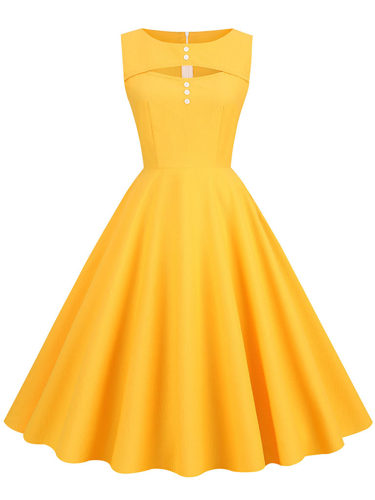 Yellow Cut Out Sleeveless 1950S Vinatge Dress With Pockets