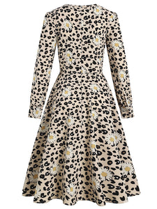 Leopard Daisy Long Sleeve High Waist 1950S Vintage Dress