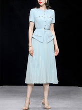 Load image into Gallery viewer, Retro Blue Short Sleeve New Look Style Pleated Fake Two Piece Suit Dress