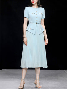 Retro Blue Short Sleeve New Look Style Pleated Fake Two Piece Suit Dress