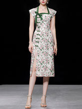 Load image into Gallery viewer, Green Rose Square Collar Split Cheongsam Dress