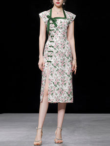 Green Rose Square Collar Split Cheongsam Dress