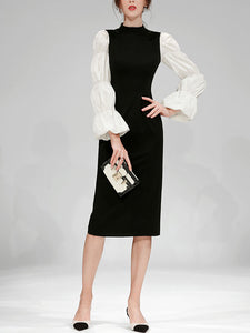 Black And White Lantern Long Sleeve 1940S Vintage Dress