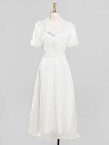 White Organza Pearl Collar Short Sleeve 1950S Swing Dress