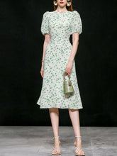 Load image into Gallery viewer, Green Grass Print Puff Sleeve 1950s Vintage Party Dress