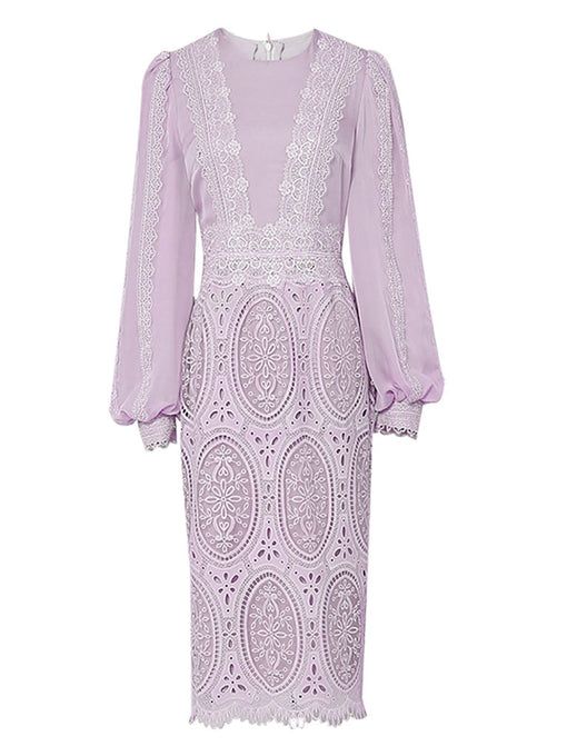 Lilac Lantern Sleeve Embroidered Lace Chiffon 1930S Dress