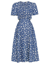 Load image into Gallery viewer, Lake Blue Floral Print Waist Cut Out Puff Sleeve Summer 1950S Dress