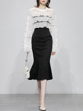 Load image into Gallery viewer, 2PS Crew Neck Long Sleeve White Lace Lotus Leaf Top And Black Fishtail Skirt Suit