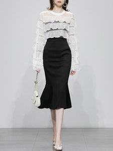 2PS Crew Neck Long Sleeve White Lace Lotus Leaf Top And Black Fishtail Skirt Suit