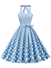 Load image into Gallery viewer, Blue And White Polka Dots Vintage Halter 1950S Dress With Belt