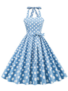 Blue And White Polka Dots Vintage Halter 1950S Dress With Belt