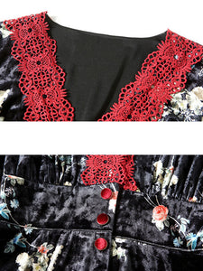 Lace V Neck Floral Velvet Dress Vintage Dress