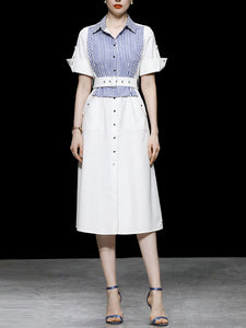 White Striped Short Sleeve 1950S Shirt Dress