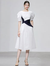 Load image into Gallery viewer, White Puff Sleeve Waist Black Knotted Audrey Hepburn&#39;s 1950S Dress