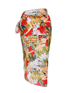 Red Retro Poster Print Bikini With Bathing Suit Wrap Skirt