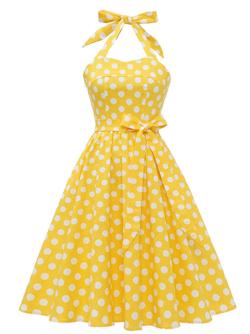 Yellow Polka Dots Halter 1950S Vinatge Dress
