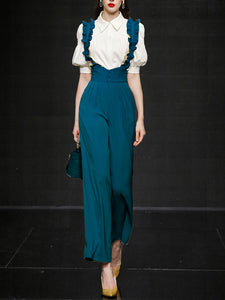 2PS Vintage Top And Blue Ruffles Pant Suit