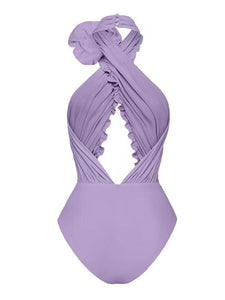 Purple Handmade Flower Halter Ruffles One Piece With Bathing Suit Wrap Skirt
