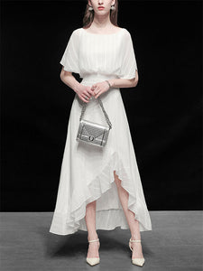 White Chiffon Vintage Maxi Dress With High low Hem
