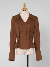 Load image into Gallery viewer, 2PS Brown 1950S Vintage V Neck Classic Top And Brown Irregular Pu Skirt Suit