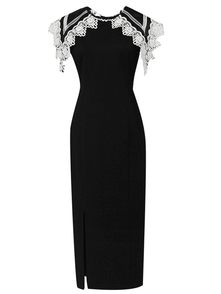 White Big Sweet Lace Collar Sleeveless Bodycon 1960s Black Slit Dress, White/Black / S