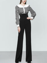 Load image into Gallery viewer, 2PS Black Print Long Sleeve Rhinestone Top With High Waist Wide Leg Pants Suit