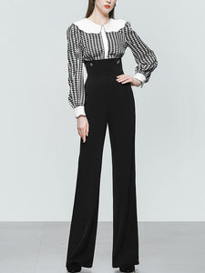 2PS Black Print Long Sleeve Rhinestone Top With High Waist Wide Leg Pants Suit