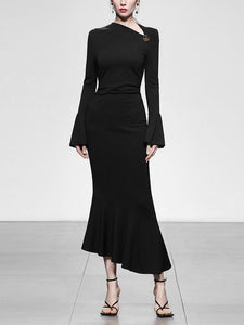 Black Irregular Collar Bell Sleeve Sexy Mermaid Dress