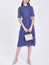 Load image into Gallery viewer, Blue Turndown Collar Ruffles 1940S Dress
