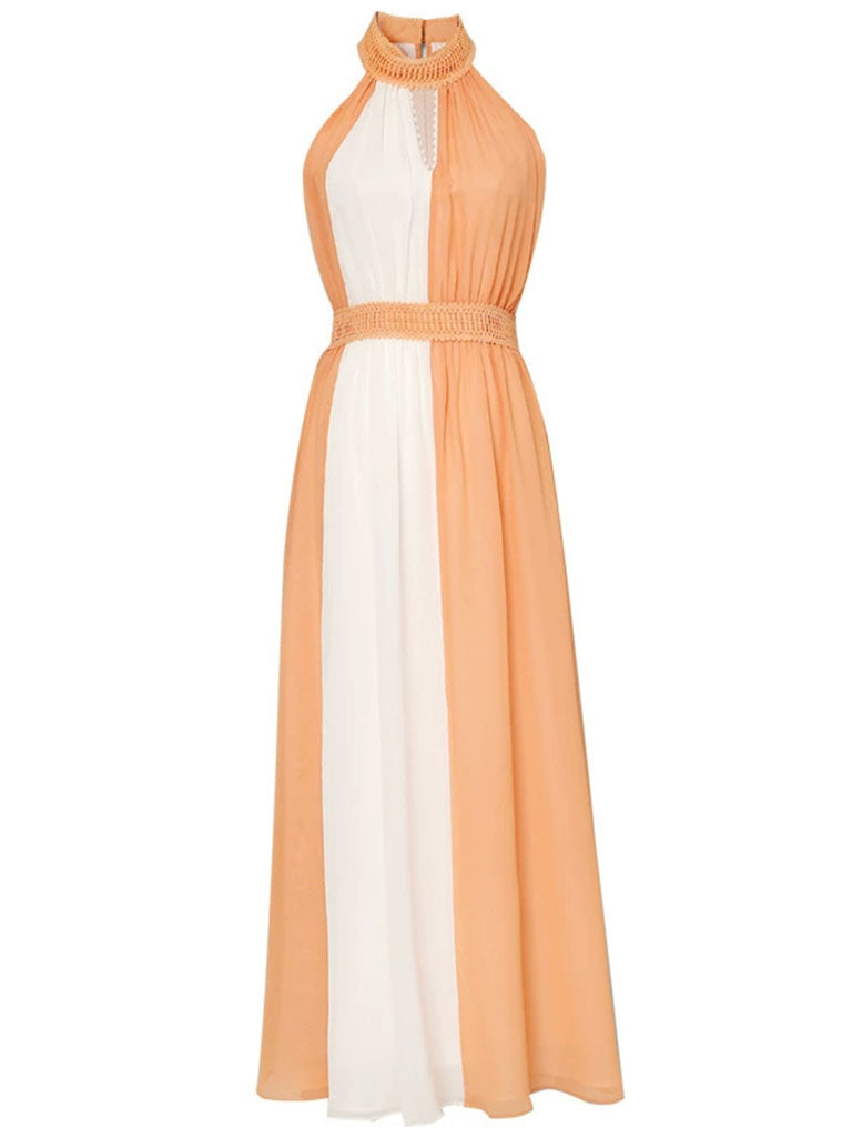 White And Orange Lace Halter Maxi Dress