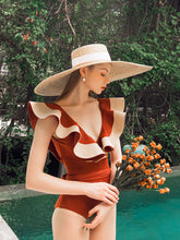 Load image into Gallery viewer, Sailor Style Deep V Neck Ruffles Vintage One Piece Swimwear