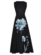 Load image into Gallery viewer, Black Flowers High Waist Swing Vintage Dress With Pockets