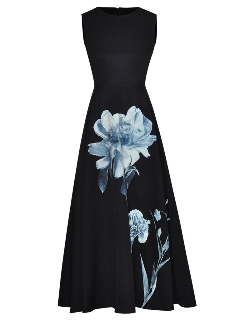 Black Flowers High Waist Swing Vintage Dress With Pockets