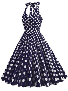 Green And White Polka Dots Pockets Vintage Halter 1950S Dress With Button