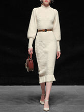 Load image into Gallery viewer, Sweet Apricot Crew Collar Long Sleeve Knitted Sweater Dress With Ruffles Hem