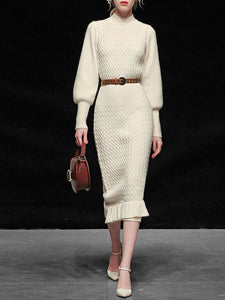 Sweet Apricot Crew Collar Long Sleeve Knitted Sweater Dress With Ruffles Hem