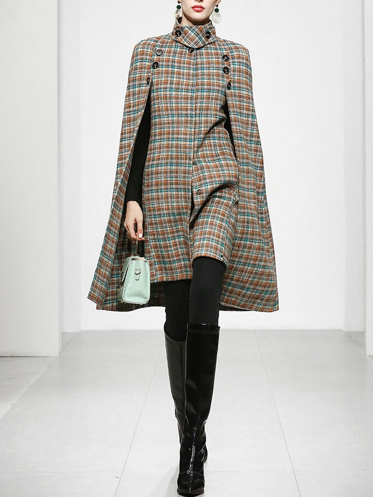 Sweet Brown Plaid Long Sleeve Dress Cape Women's Coat Jolly Vintage Sweet Brown Plaid Long Sleeve Dress Cape Women's Coat Jolly Vintage