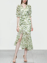 Load image into Gallery viewer, Light Green Floral Print V Neck Vintage Style Ruffles Dress