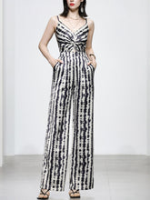 Load image into Gallery viewer, Black And White Animal Print Spaghetti Straps Jumpsuit With Cape