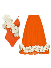 Load image into Gallery viewer, Orange And White Flower One Piece With Bathing Suit Swing Skirt