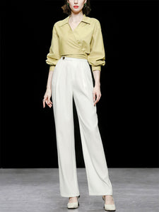 Yellow V Neck Shirt And White High Waisted Wide Leg Trousers Suit