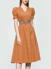Load image into Gallery viewer, Orange V Neck Puff Sleeve Audrey Hepburn Style 50S Vintage Dress With Belt