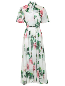 Big Bowknot Tropical Rose Print Maxi Dress